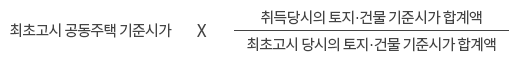 최초고시 공동주택 기준시가 × 취득당시의 토지·건물 기준시가 합계액 / 최초고시 당시의 토지·건물 기준시가 합계액