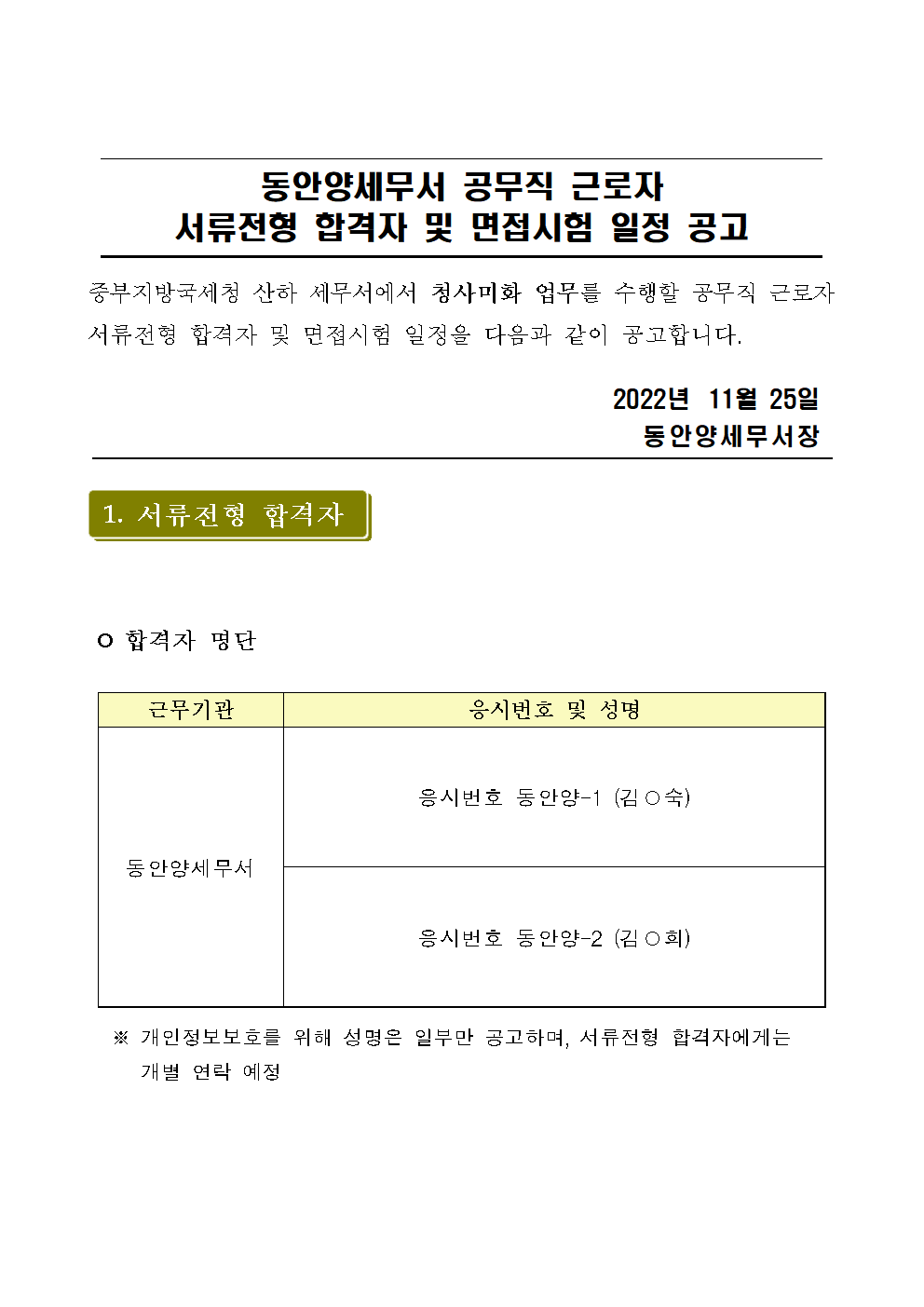 동안양세무서 공무직 근로자 서류전형 합격자 발표 및 면접시험 일정 공고001.png