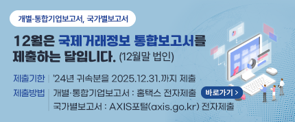 개별·통합기업보고서, 국가별보고서
12월은 국제거래정보 통합보고서를 제출하는 달입니다.(12월말 법인)
제출기한 : ’24년 귀속분을 2025.12.31.까지 제출
제출방법 : 개별·통합기업보고서 : 홈택스 전자제출 (바로가기) / 국가별보고서 : AXIS포털(axis.go.kr) 전자제출